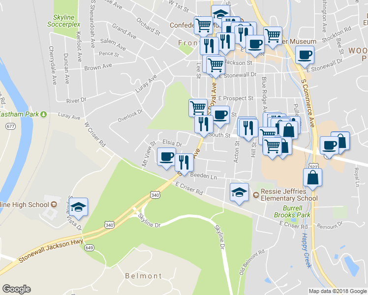 map of restaurants, bars, coffee shops, grocery stores, and more near 118 Elsia Drive in Front Royal