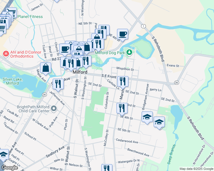 map of restaurants, bars, coffee shops, grocery stores, and more near 105 Franklin Street in Milford