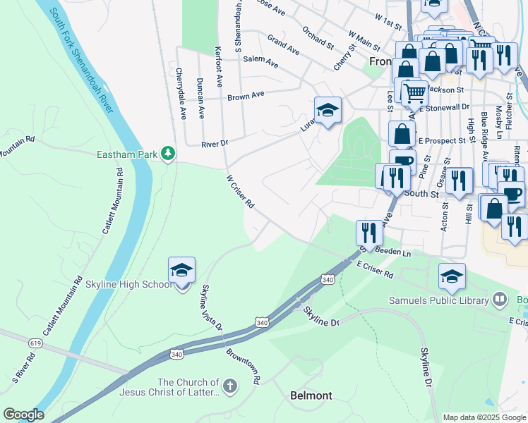 map of restaurants, bars, coffee shops, grocery stores, and more near 224 West Criser Road in Front Royal