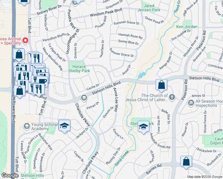 map of restaurants, bars, coffee shops, grocery stores, and more near 5280 Oats Court in Colorado Springs