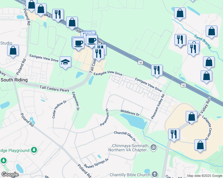 map of restaurants, bars, coffee shops, grocery stores, and more near 25538 Thornburg Court in Chantilly