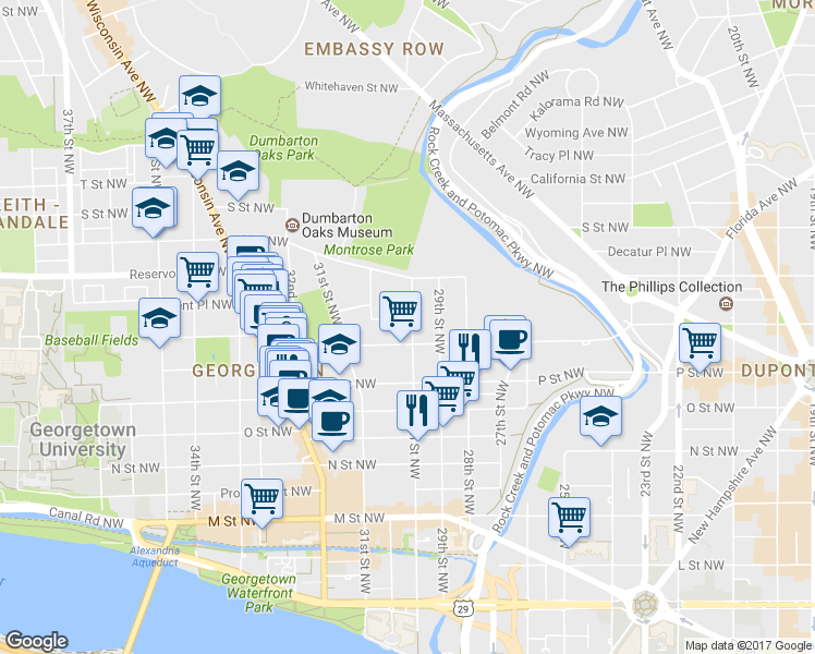 map of restaurants, bars, coffee shops, grocery stores, and more near 1622 30th Street Northwest in Washington