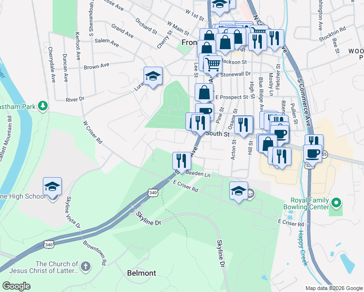 map of restaurants, bars, coffee shops, grocery stores, and more near 520 E 6th St # A in Front Royal