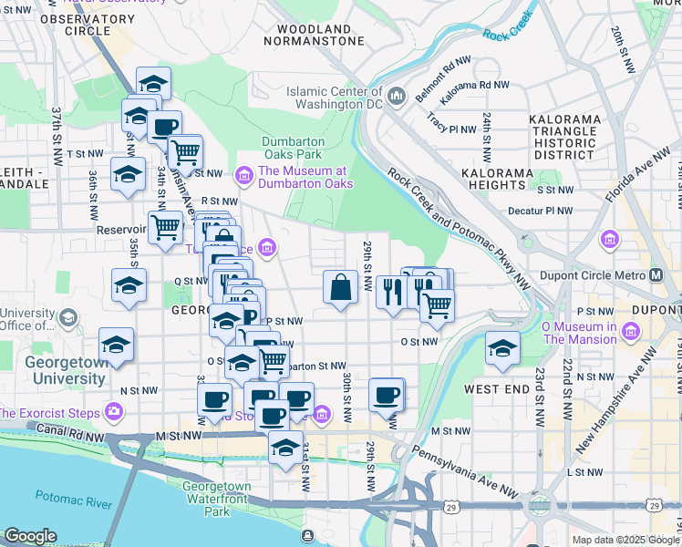 map of restaurants, bars, coffee shops, grocery stores, and more near 1622 30th Street Northwest in Washington