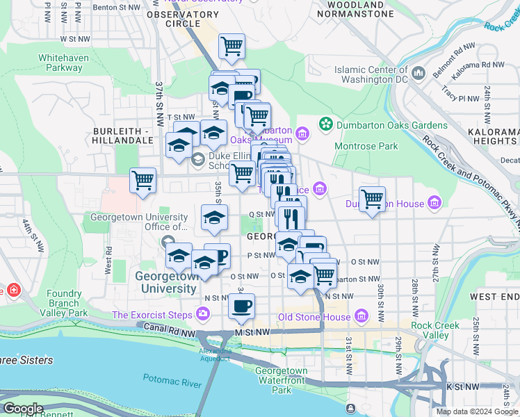 map of restaurants, bars, coffee shops, grocery stores, and more near 3313 Q Street Northwest in Washington