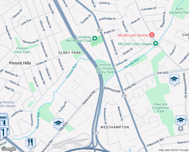 map of restaurants, bars, coffee shops, grocery stores, and more near 2007 Miracle Lane in Falls Church