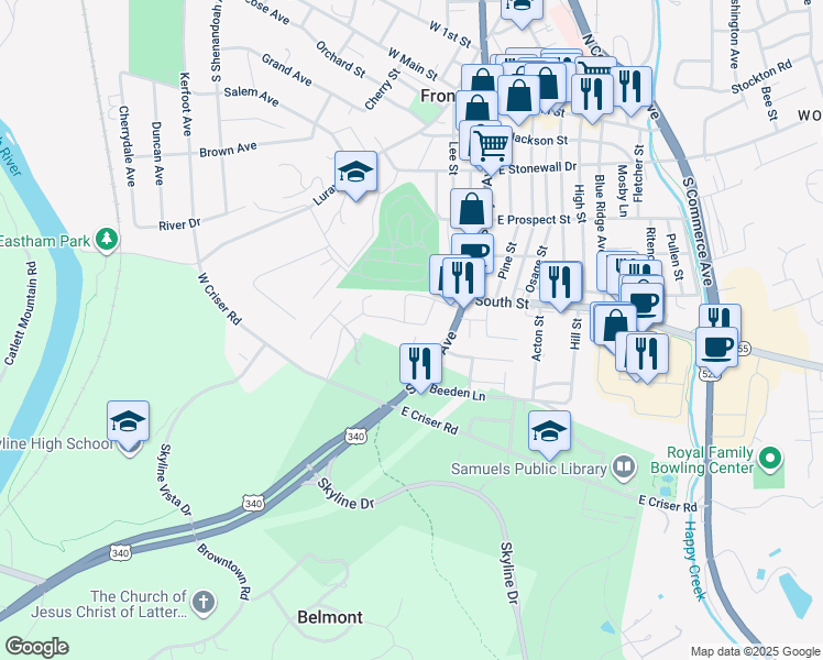 map of restaurants, bars, coffee shops, grocery stores, and more near 134 Elsia Dr in Front Royal