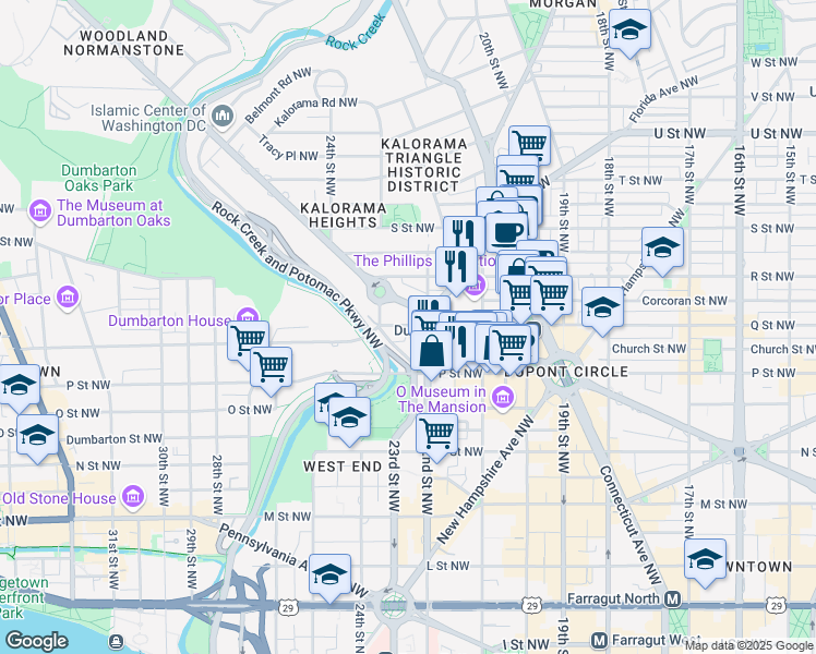 map of restaurants, bars, coffee shops, grocery stores, and more near 2220 Q Street Northwest in Washington