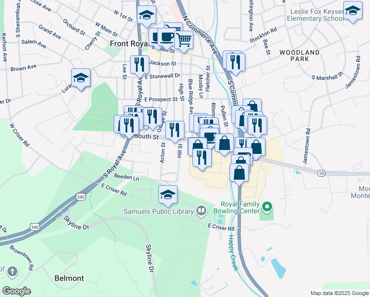 map of restaurants, bars, coffee shops, grocery stores, and more near 416 Hill Street in Front Royal
