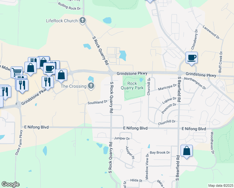 map of restaurants, bars, coffee shops, grocery stores, and more near 3500 Rock Quarry Road in Columbia