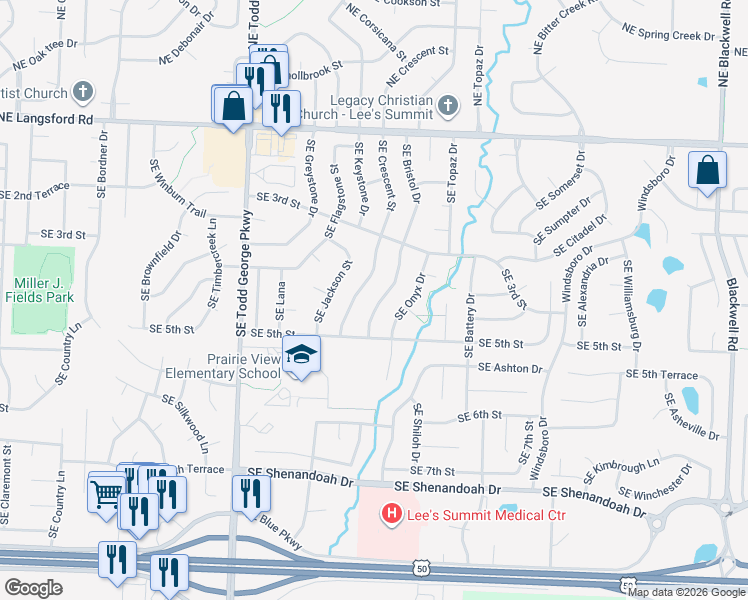map of restaurants, bars, coffee shops, grocery stores, and more near 332 Southeast Bristol Drive in Lee's Summit