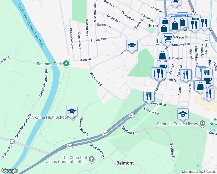 map of restaurants, bars, coffee shops, grocery stores, and more near 216 West Criser Road in Front Royal