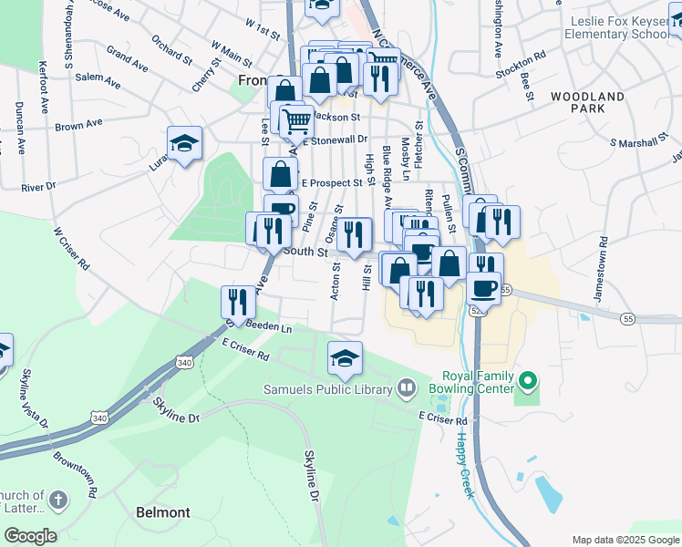map of restaurants, bars, coffee shops, grocery stores, and more near 422 Acton Street in Front Royal