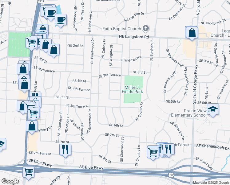 map of restaurants, bars, coffee shops, grocery stores, and more near 1214 Southeast 4th Terrace in Lee's Summit