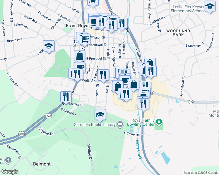 map of restaurants, bars, coffee shops, grocery stores, and more near 416 Hill Street in Front Royal