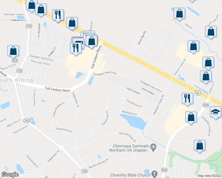 map of restaurants, bars, coffee shops, grocery stores, and more near 25538 Thornburg Court in Chantilly