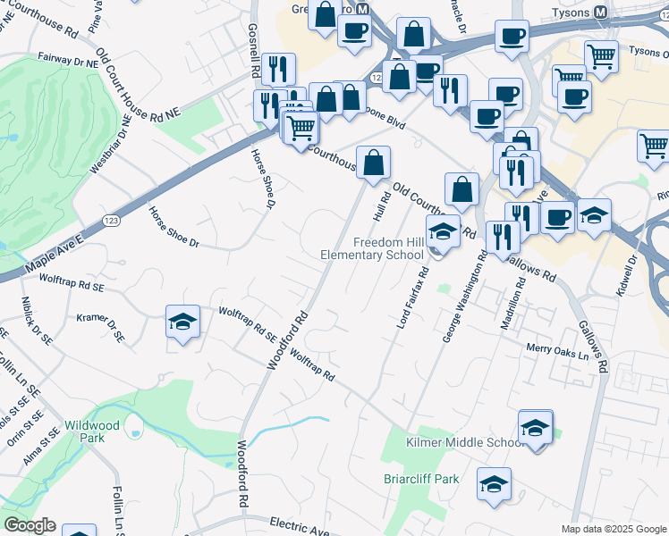map of restaurants, bars, coffee shops, grocery stores, and more near 1933 Woodford Road in Vienna