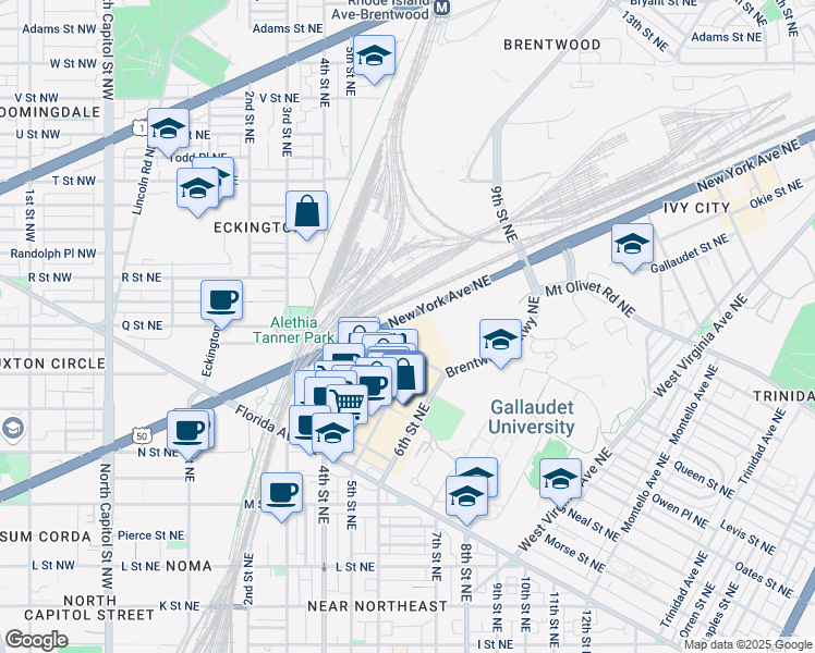 map of restaurants, bars, coffee shops, grocery stores, and more near 437 New York Avenue Northeast in Washington