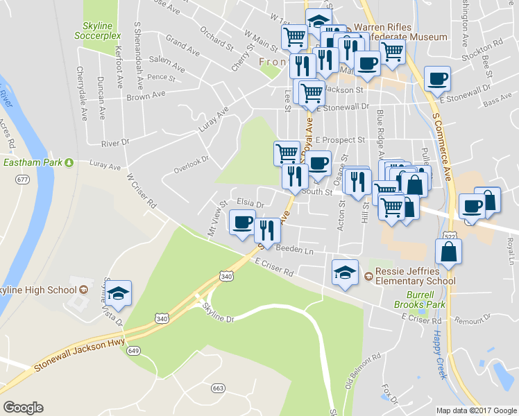 map of restaurants, bars, coffee shops, grocery stores, and more near 142 Elsia Drive in Front Royal