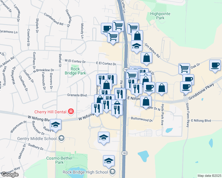 map of restaurants, bars, coffee shops, grocery stores, and more near 3605 South Providence Road in Columbia