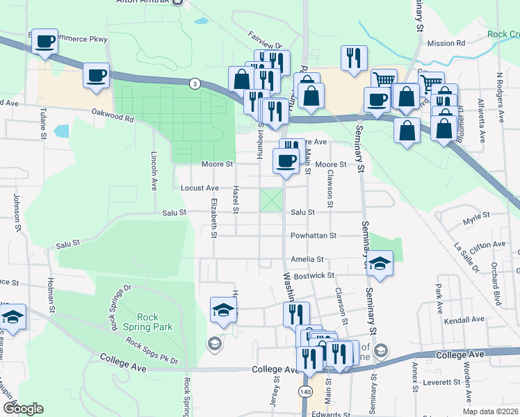 map of restaurants, bars, coffee shops, grocery stores, and more near 2414 Humbert Street in Alton
