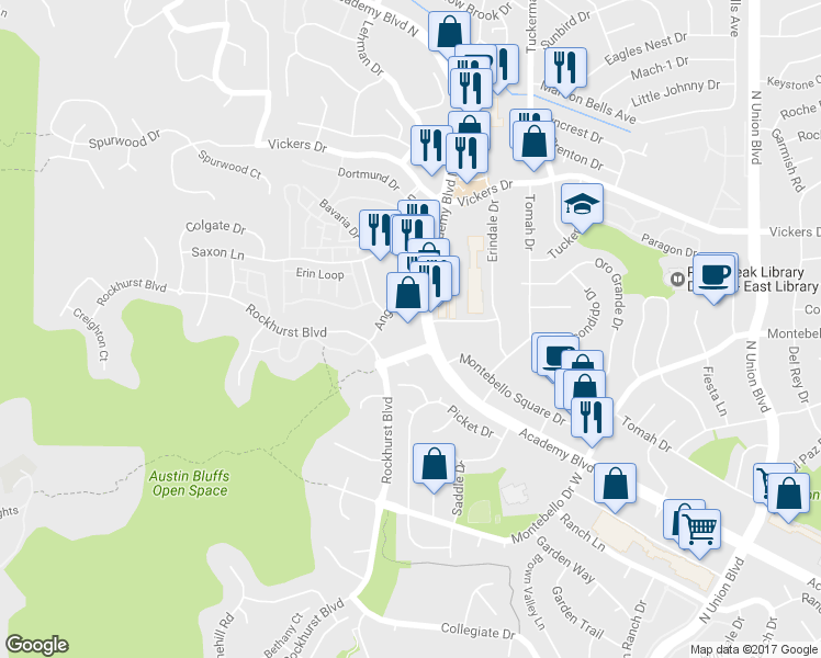map of restaurants, bars, coffee shops, grocery stores, and more near 5590 N Academy Blvd in Colorado Springs