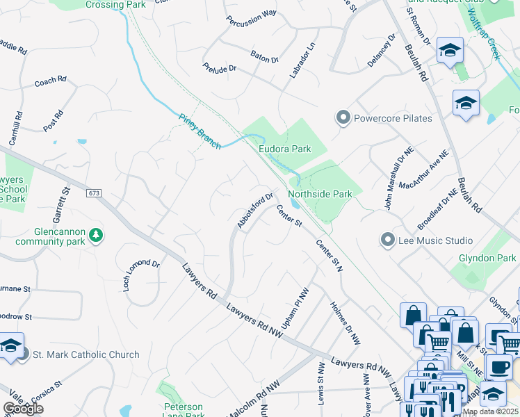 map of restaurants, bars, coffee shops, grocery stores, and more near 2106 Statute Lane in Vienna