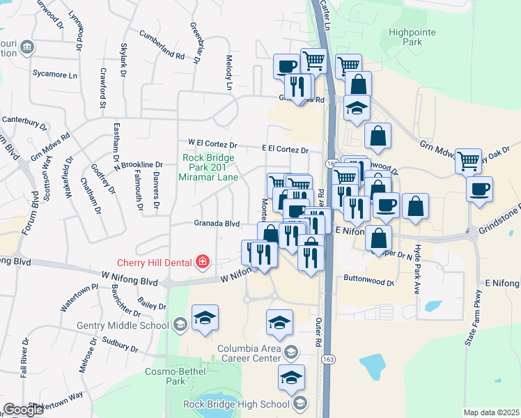 map of restaurants, bars, coffee shops, grocery stores, and more near 3606 Monterey Drive in Columbia
