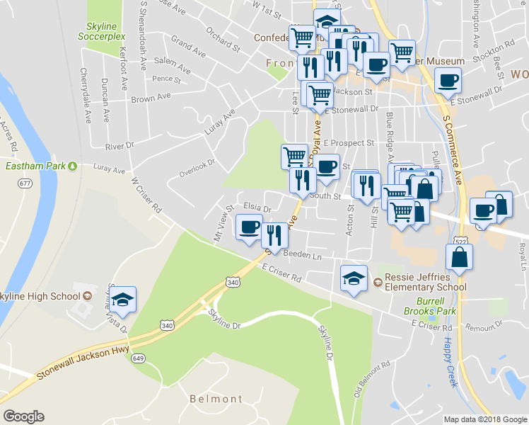 map of restaurants, bars, coffee shops, grocery stores, and more near 150 Elsia Drive in Front Royal