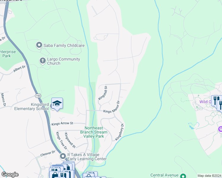 map of restaurants, bars, coffee shops, grocery stores, and more near 1514 Kingsgate Street in Bowie