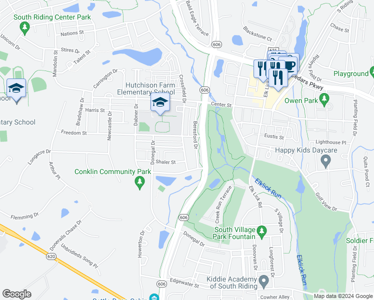 map of restaurants, bars, coffee shops, grocery stores, and more near 25506 Crossfield Drive in Chantilly