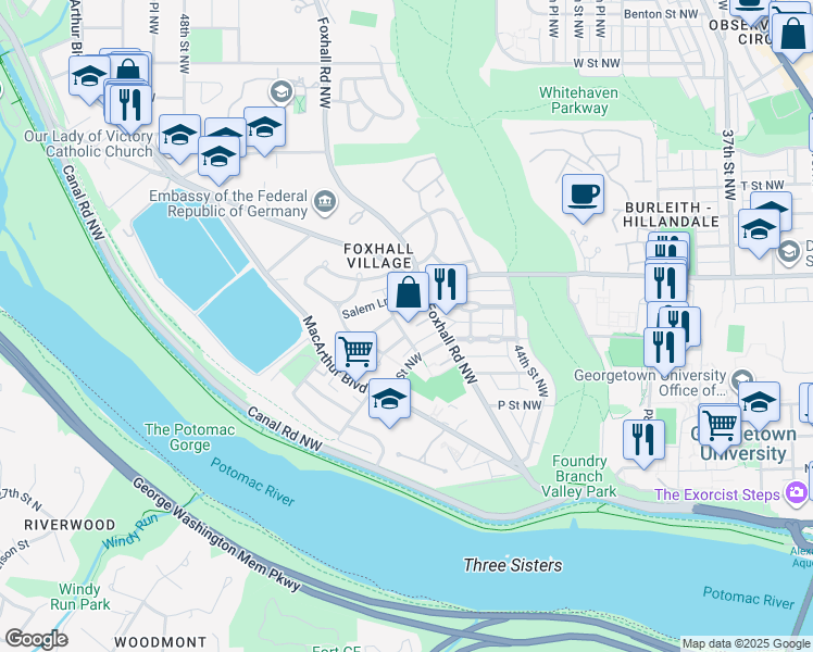 map of restaurants, bars, coffee shops, grocery stores, and more near 1623 45th Street Northwest in Washington