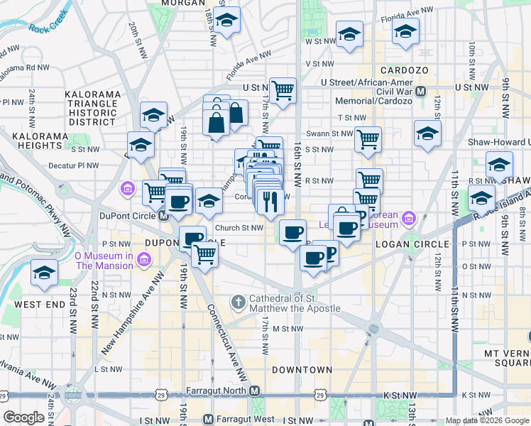 map of restaurants, bars, coffee shops, grocery stores, and more near 17th St NW & Q St NW in Washington