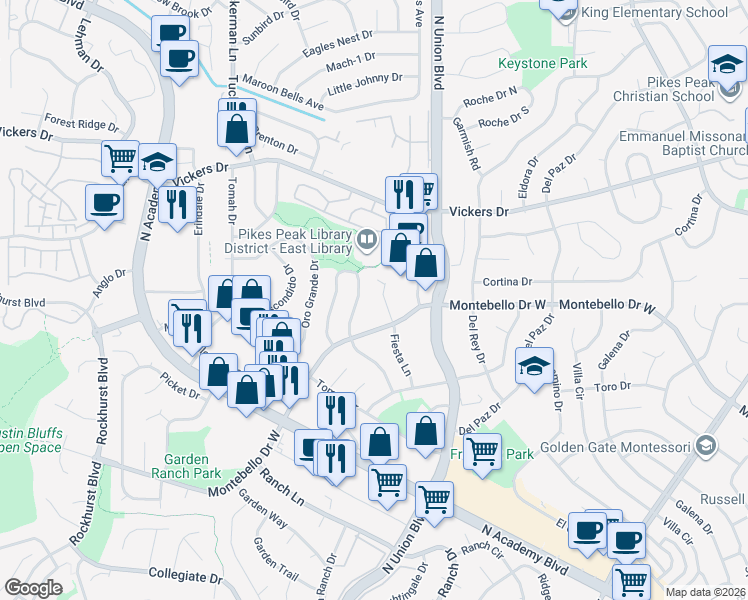map of restaurants, bars, coffee shops, grocery stores, and more near 5520 Fiesta Lane in Colorado Springs