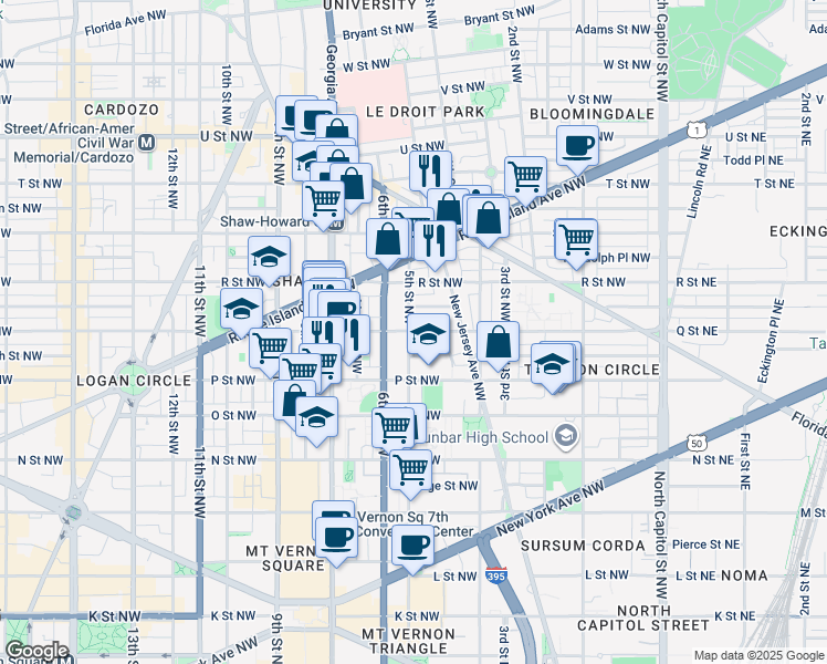 map of restaurants, bars, coffee shops, grocery stores, and more near 1601 5th Street Northwest in Washington