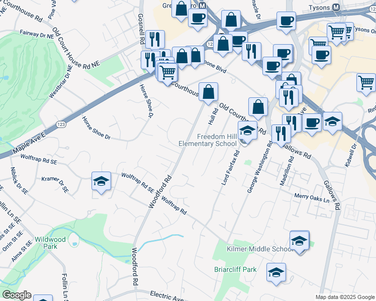 map of restaurants, bars, coffee shops, grocery stores, and more near 1933 Woodford Road in Vienna