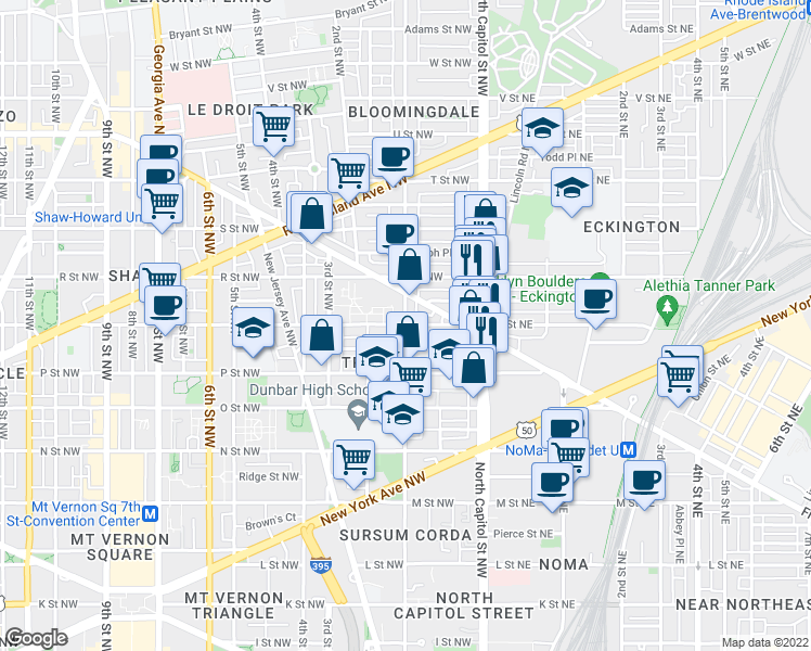 map of restaurants, bars, coffee shops, grocery stores, and more near 1st St NW & Q St NW in Washington