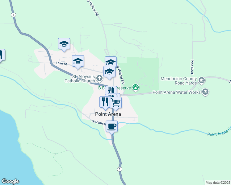 map of restaurants, bars, coffee shops, grocery stores, and more near 10 Riverside Drive in Point Arena