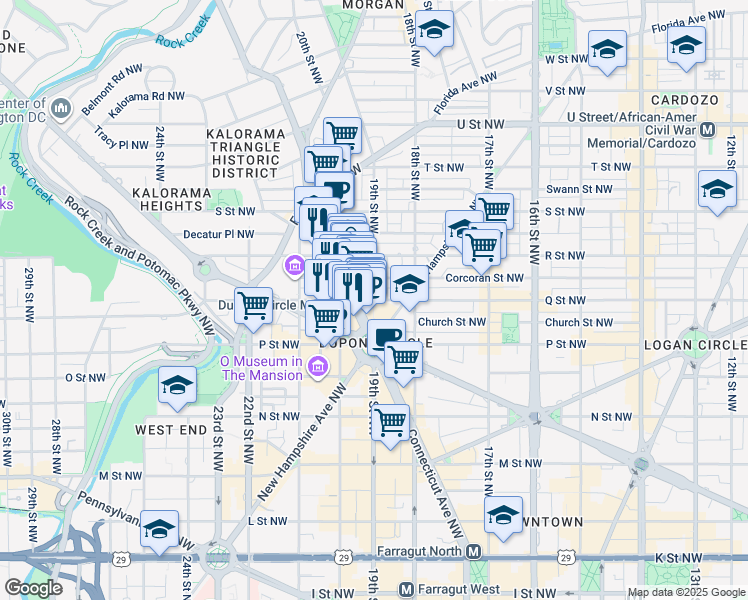 map of restaurants, bars, coffee shops, grocery stores, and more near 19th Street Northwest & Q Street Northwest in Washington