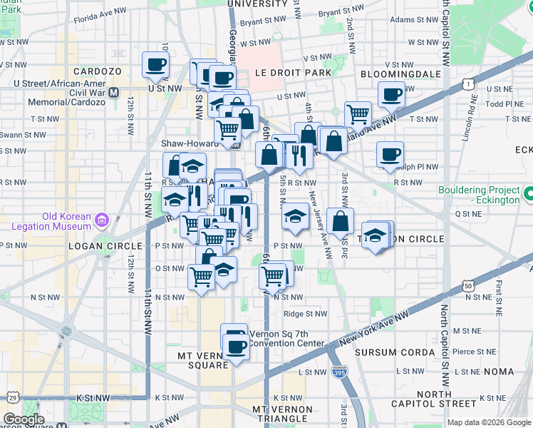 map of restaurants, bars, coffee shops, grocery stores, and more near 6th St NW & Q St NW in Washington