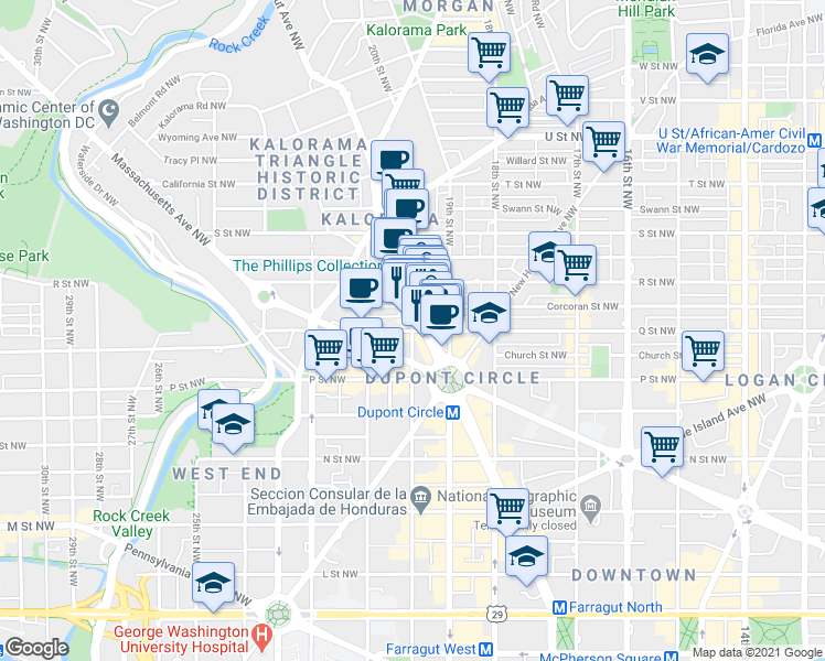map of restaurants, bars, coffee shops, grocery stores, and more near Q St NW & 20th St NW in Washington