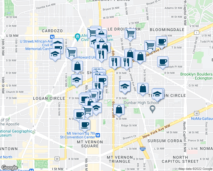 map of restaurants, bars, coffee shops, grocery stores, and more near Q St NW & Marion St NW in Washington