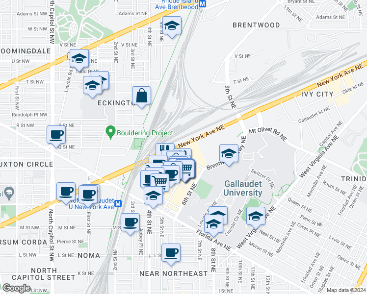 map of restaurants, bars, coffee shops, grocery stores, and more near 411 New York Avenue Northeast in Washington