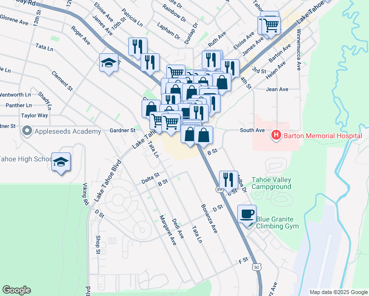 map of restaurants, bars, coffee shops, grocery stores, and more near 1056 Emerald Bay Road in South Lake Tahoe