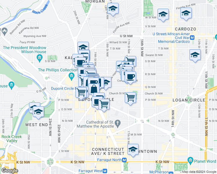 map of restaurants, bars, coffee shops, grocery stores, and more near 1601 18th Street Northwest in Washington