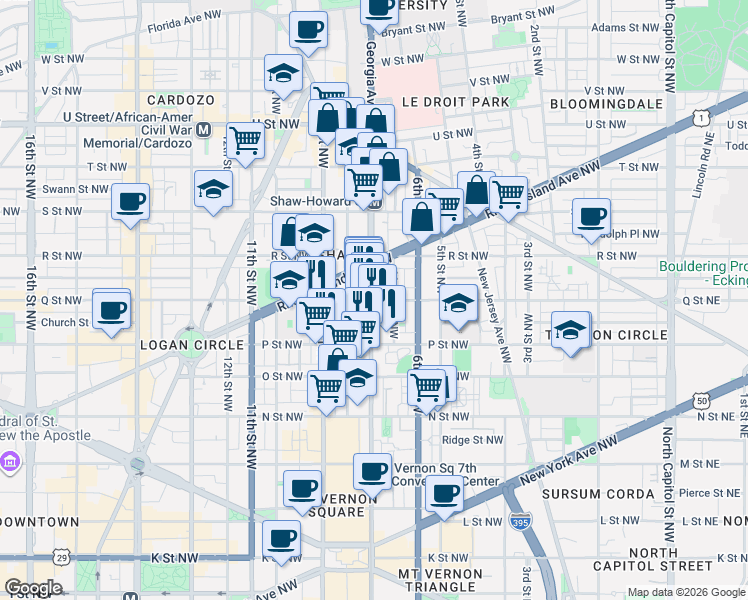 map of restaurants, bars, coffee shops, grocery stores, and more near 101 Independence Avenue Southeast in Washington