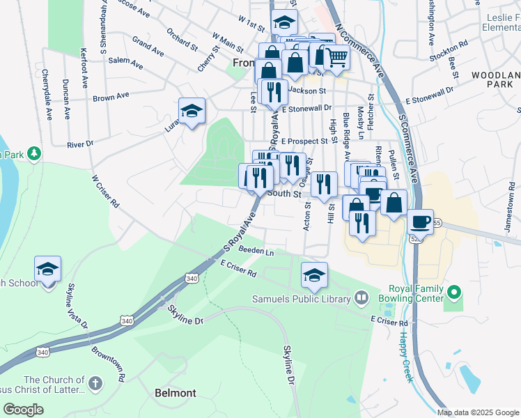 map of restaurants, bars, coffee shops, grocery stores, and more near 511 South Royal Avenue in Front Royal