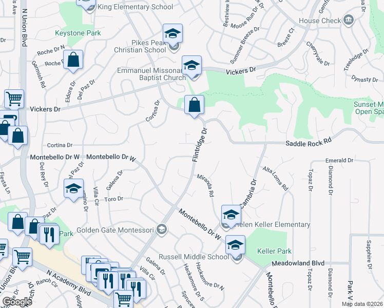 map of restaurants, bars, coffee shops, grocery stores, and more near 3555 Brushwood Lane in Colorado Springs