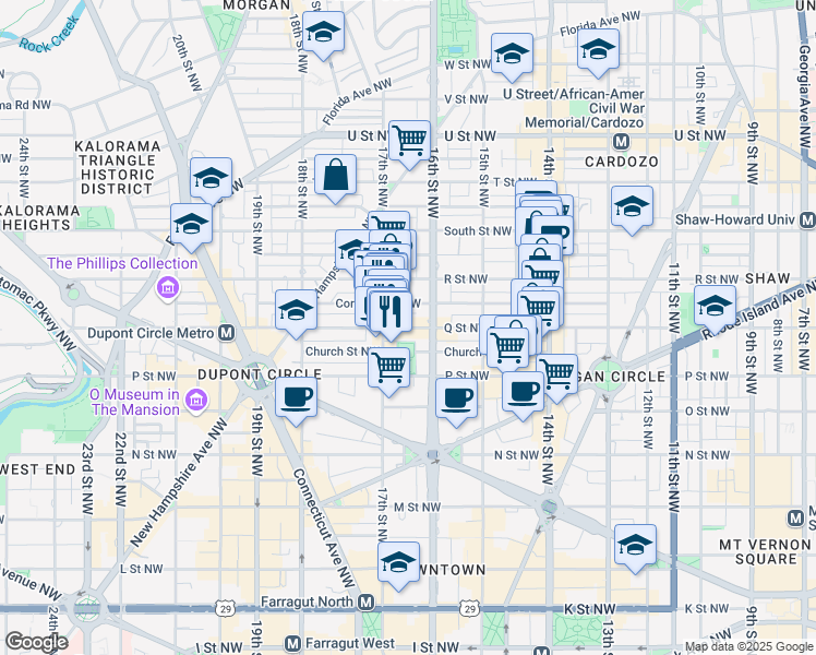 map of restaurants, bars, coffee shops, grocery stores, and more near 1615 Q Street Northwest in Washington