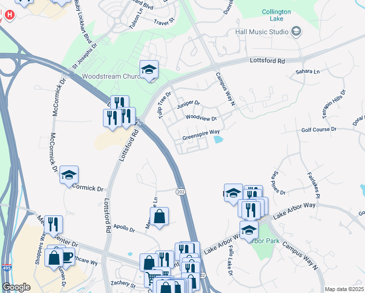 map of restaurants, bars, coffee shops, grocery stores, and more near 1708 Sycamore Heights Court in Bowie